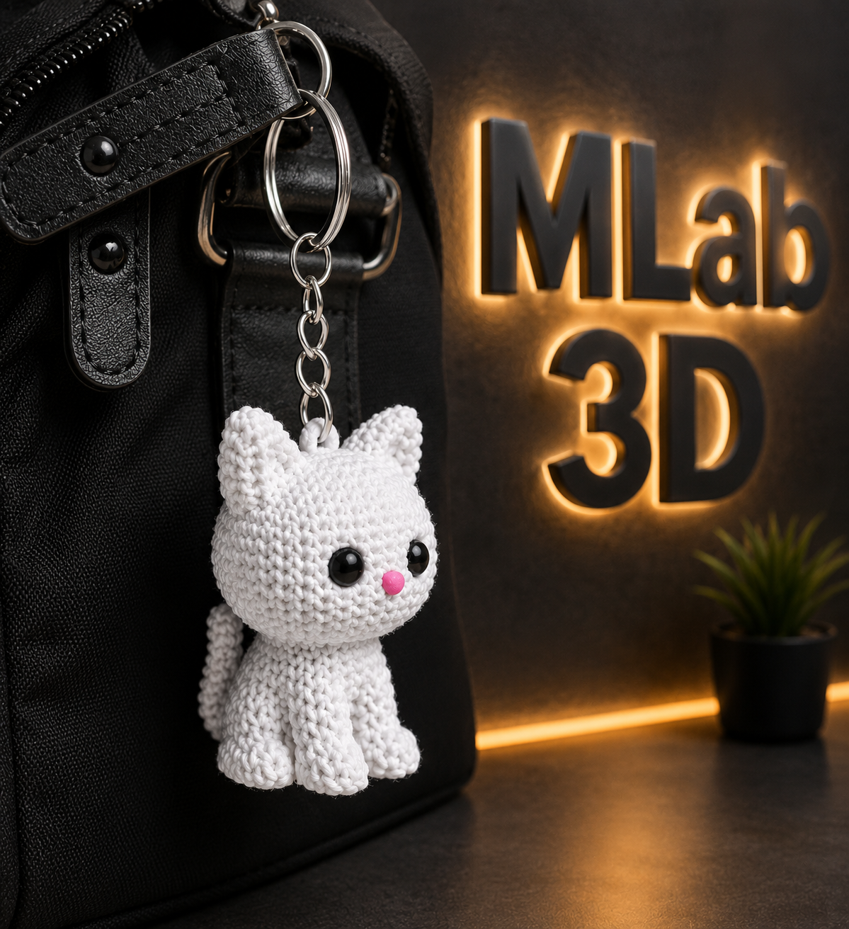 Cute White Cat 3D Printed Keychain