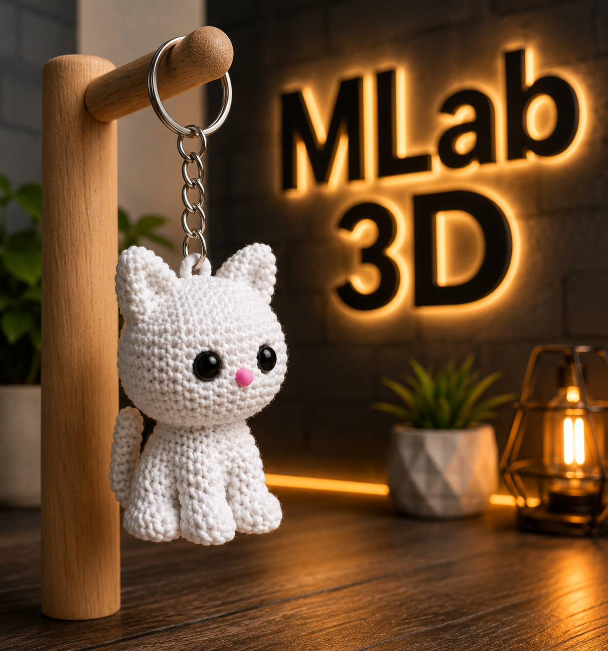 Side view of Cute White Cat 3D Printed Keychain