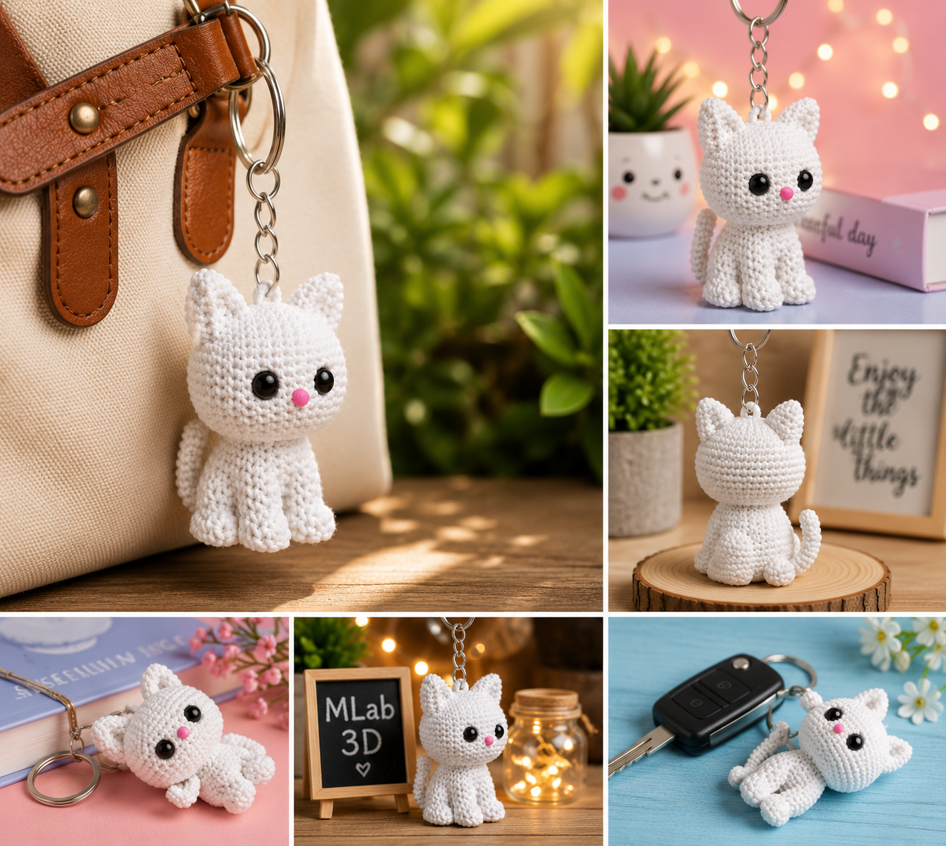 Back view of Cute White Cat 3D Printed Keychain